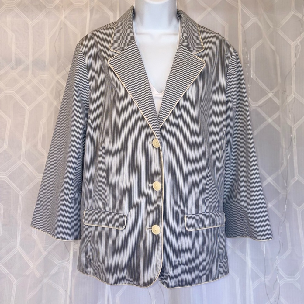 Old Navy Women's Classic Blue and White Pinstripe Blazer Coastal Preppy XXL